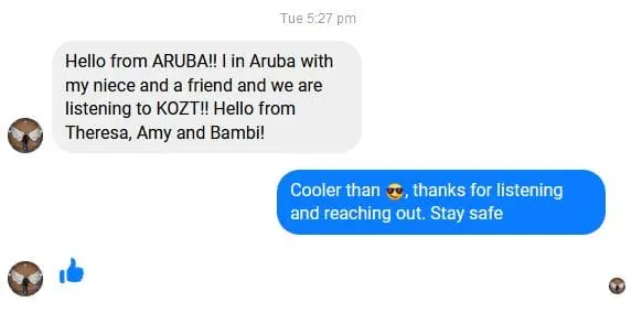 Text message from Aruba